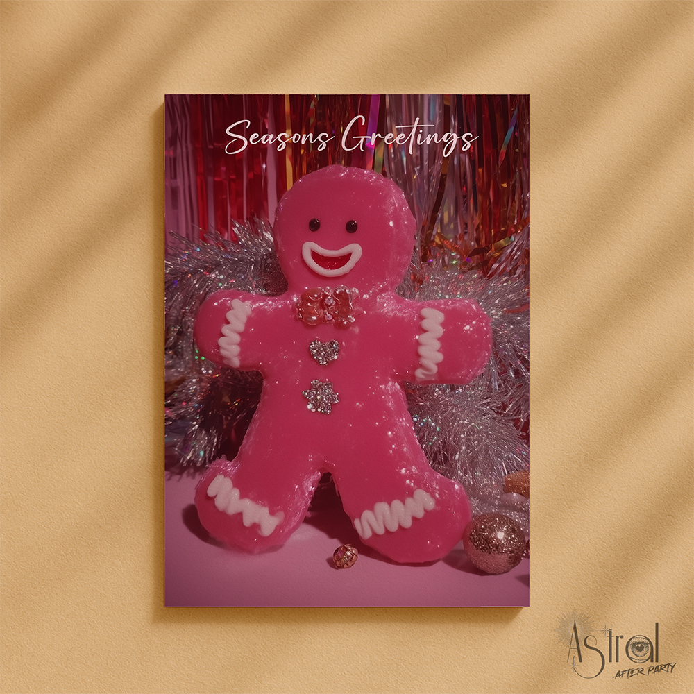 Retro Pink Gingerbread Man Christmas Card 1