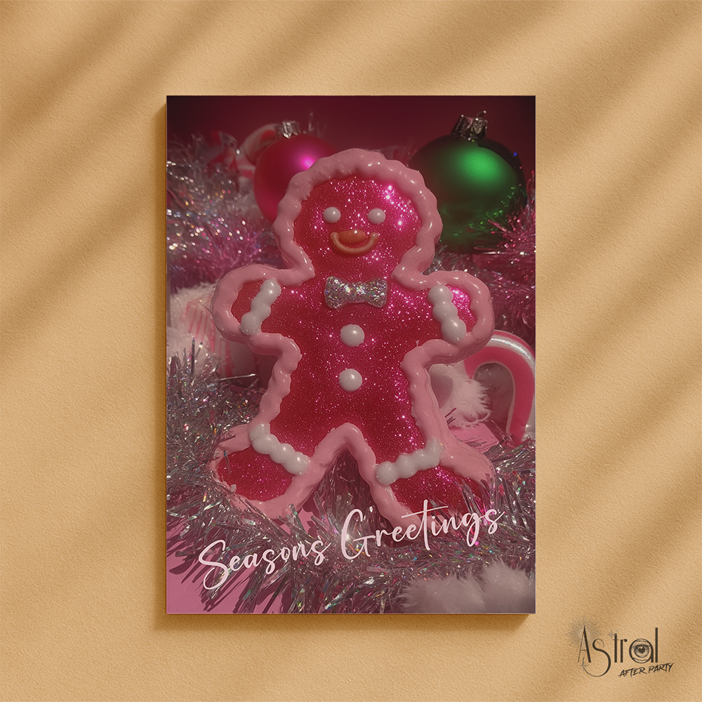 Retro Pink Gingerbread Man Christmas Card 3