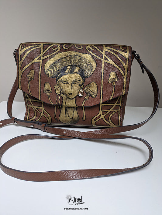 Hand-Painted Leather Handbag: Art Nouveau Mushroom Lady, Wearable Art