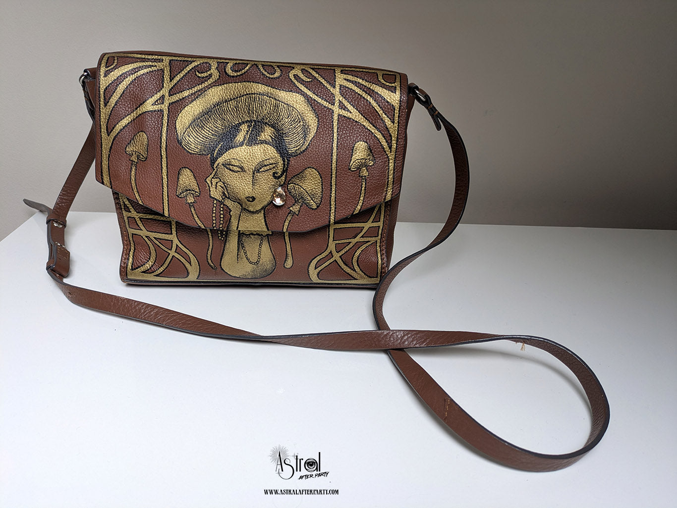 Hand-Painted Leather Handbag: Art Nouveau Mushroom Lady, Wearable Art