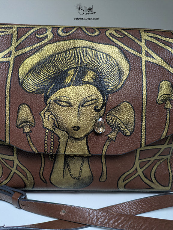 Hand-Painted Leather Handbag: Art Nouveau Mushroom Lady, Wearable Art