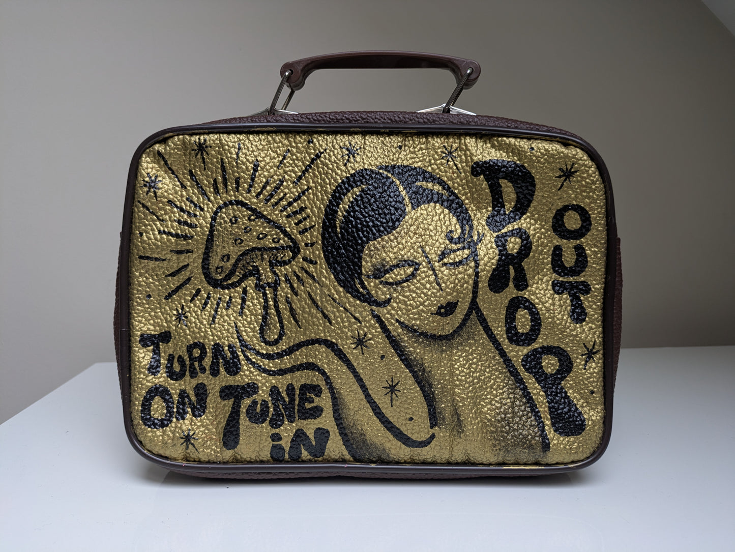 Hand-Painted Vintage Leather Bag “Turn On, Tune In, Drop Out” | Psychedelic & Mushroom Art