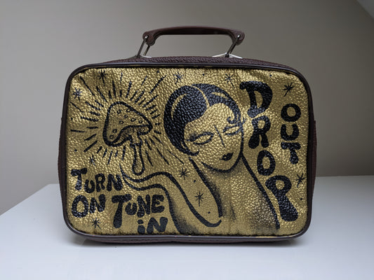 Hand-Painted Vintage Leather Bag “Turn On, Tune In, Drop Out” | Psychedelic & Mushroom Art