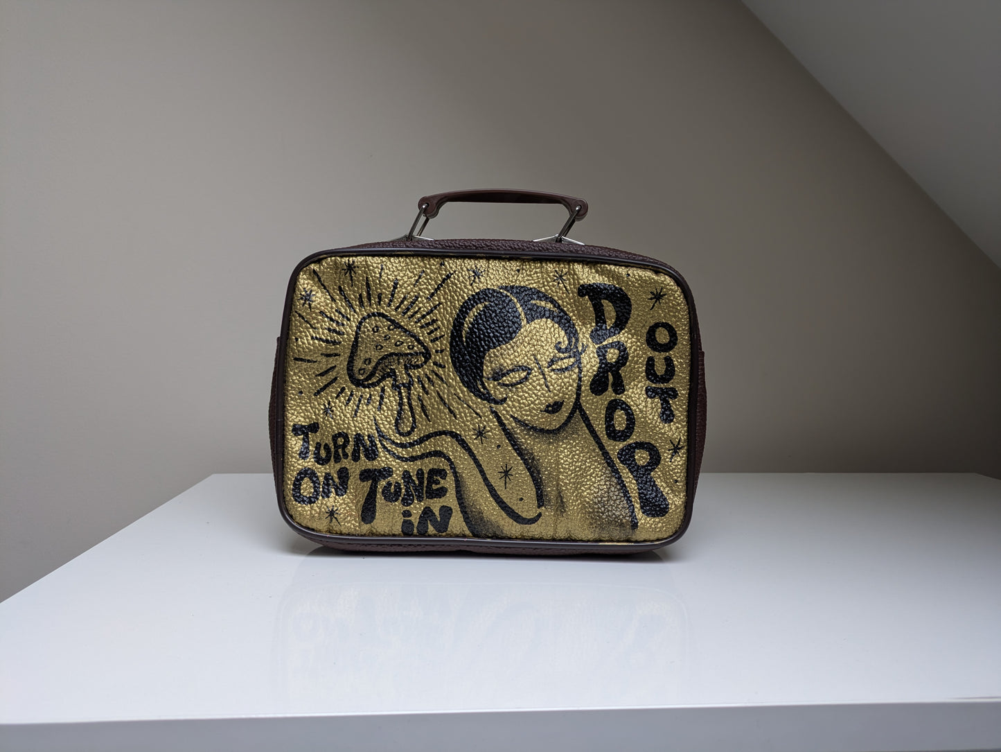 Hand-Painted Vintage Leather Bag “Turn On, Tune In, Drop Out” | Psychedelic & Mushroom Art