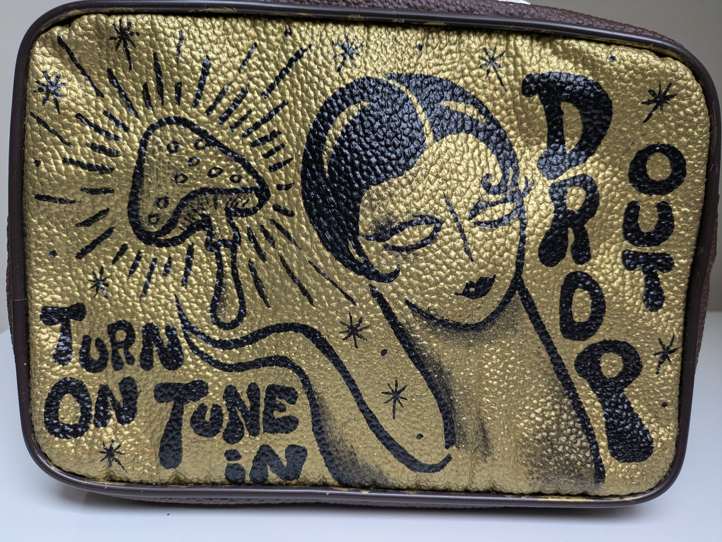 Hand-Painted Vintage Leather Bag “Turn On, Tune In, Drop Out” | Psychedelic & Mushroom Art