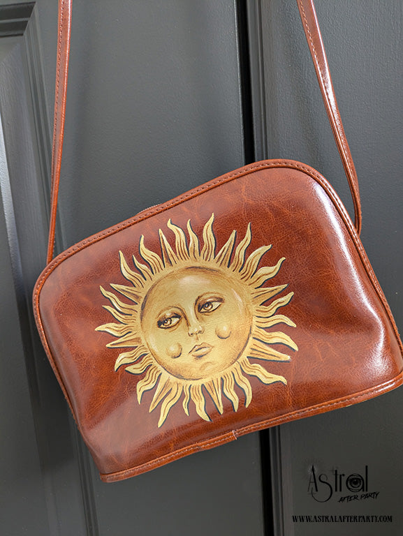 Hand-Painted Faux Leather Bag: Golden Sun Art, Boho Reversible Purse