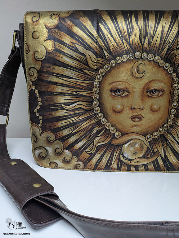 Hand-Painted Sun Faux Leather Messenger Bag: Vintage Celestial Art
