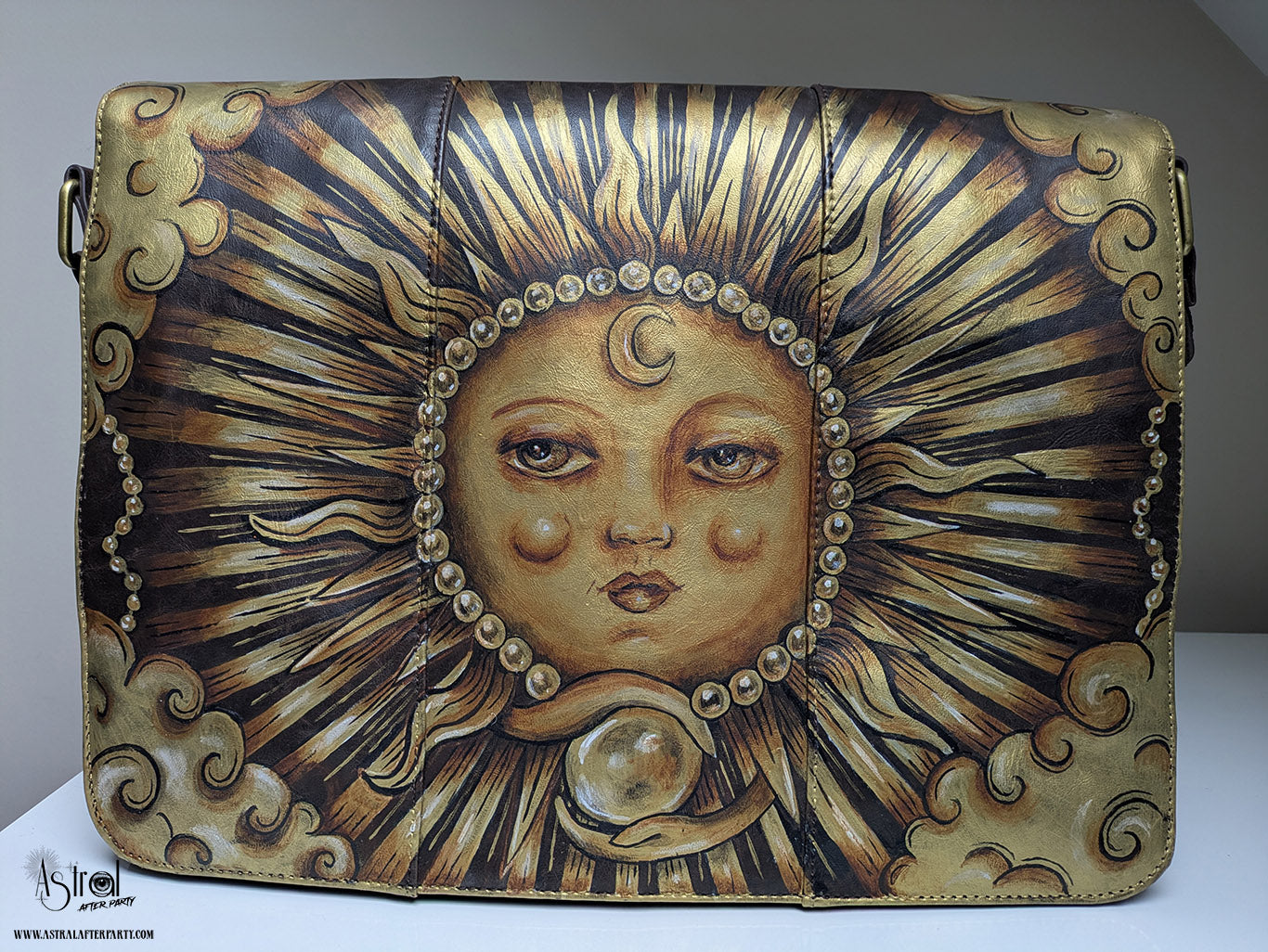 Hand-Painted Sun Faux Leather Messenger Bag: Vintage Celestial Art