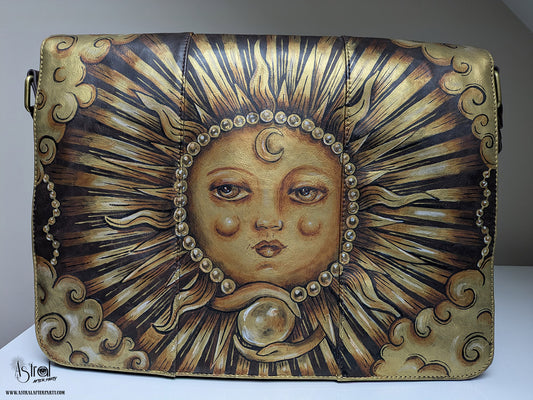 Hand-Painted Sun Faux Leather Messenger Bag: Vintage Celestial Art
