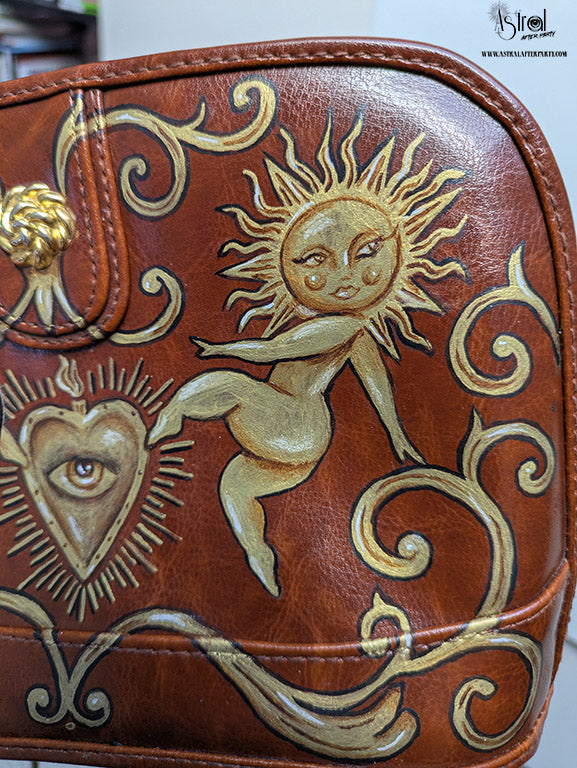Hand-Painted Faux Leather Bag: Golden Sun Art, Boho Reversible Purse