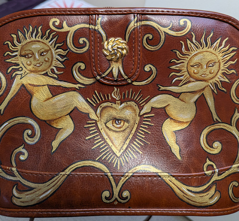 Hand-Painted Faux Leather Bag: Golden Sun Art, Boho Reversible Purse