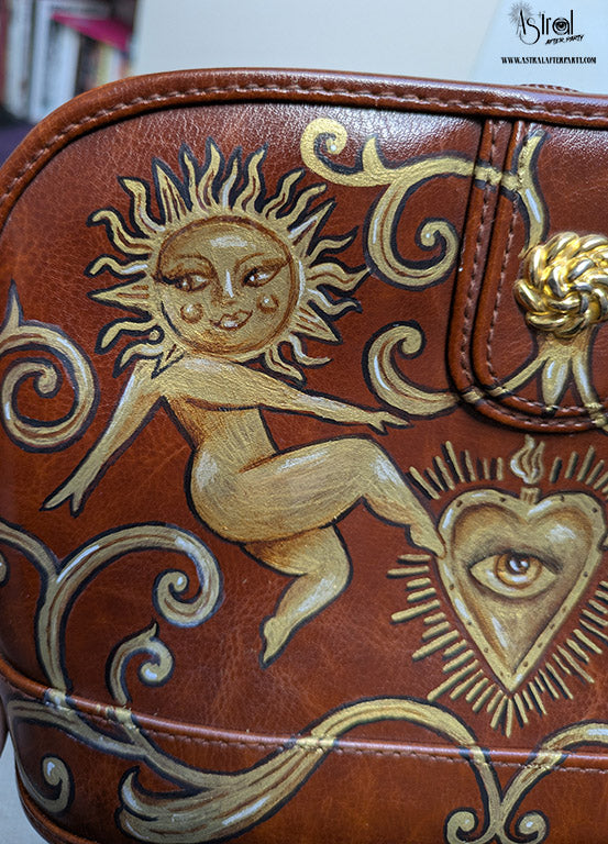 Hand-Painted Faux Leather Bag: Golden Sun Art, Boho Reversible Purse