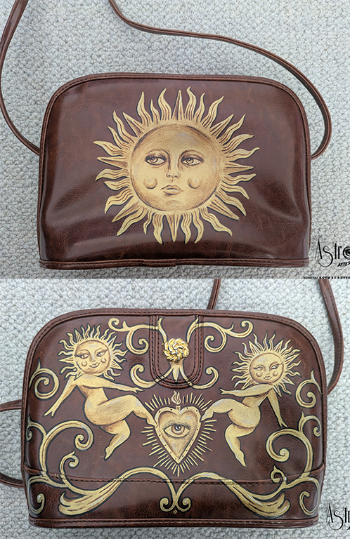 Hand-Painted Faux Leather Bag: Golden Sun Art, Boho Reversible Purse