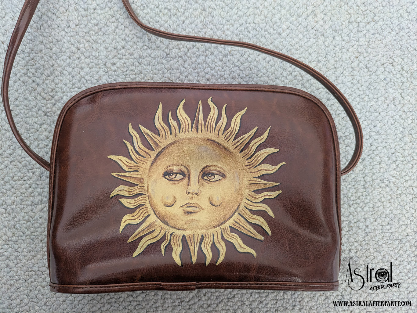 Hand-Painted Faux Leather Bag: Golden Sun Art, Boho Reversible Purse