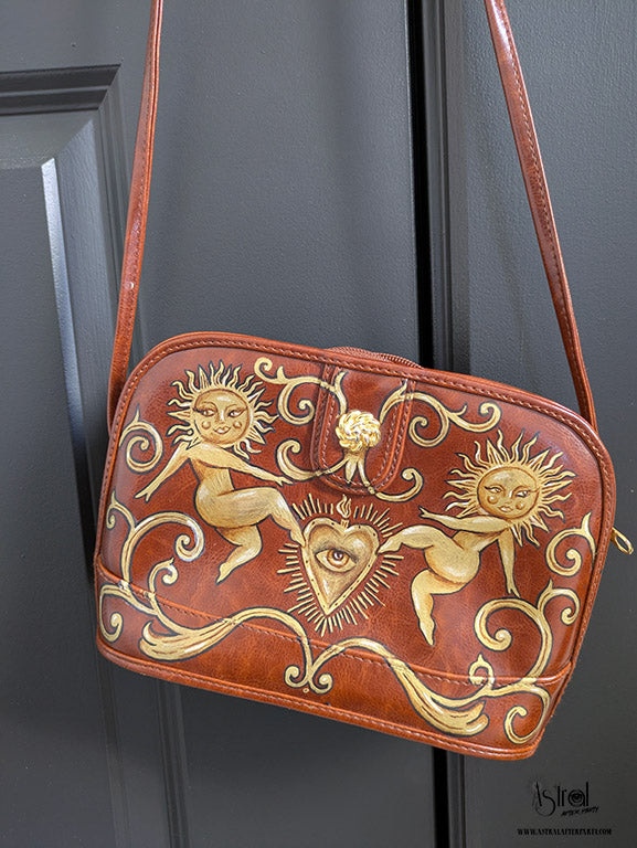 Hand-Painted Faux Leather Bag: Golden Sun Art, Boho Reversible Purse