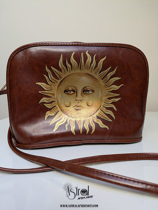 Hand-Painted Faux Leather Bag: Golden Sun Art, Boho Reversible Purse