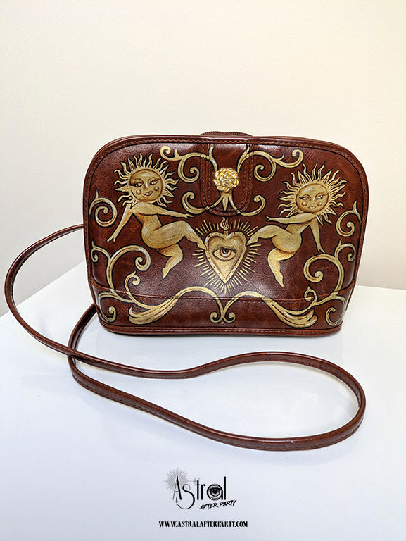 Hand-Painted Faux Leather Bag: Golden Sun Art, Boho Reversible Purse