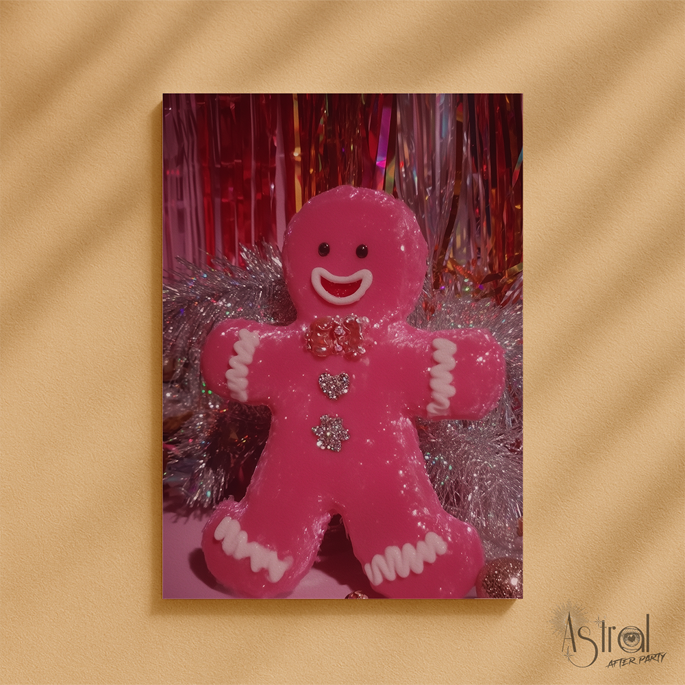Retro Pink Gingerbread Man Christmas Card 1