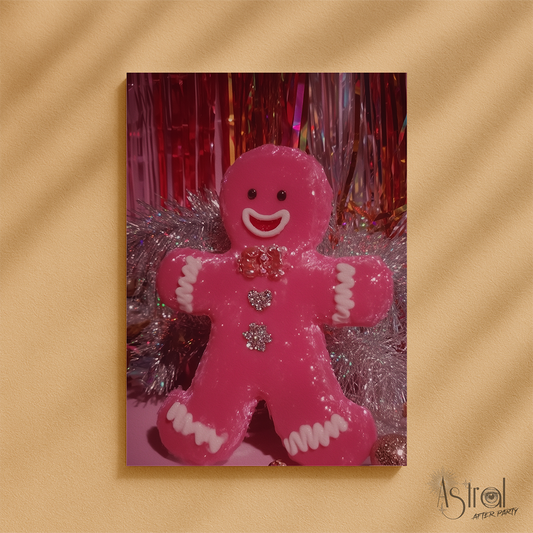 Retro Pink Gingerbread Man Christmas Card 1