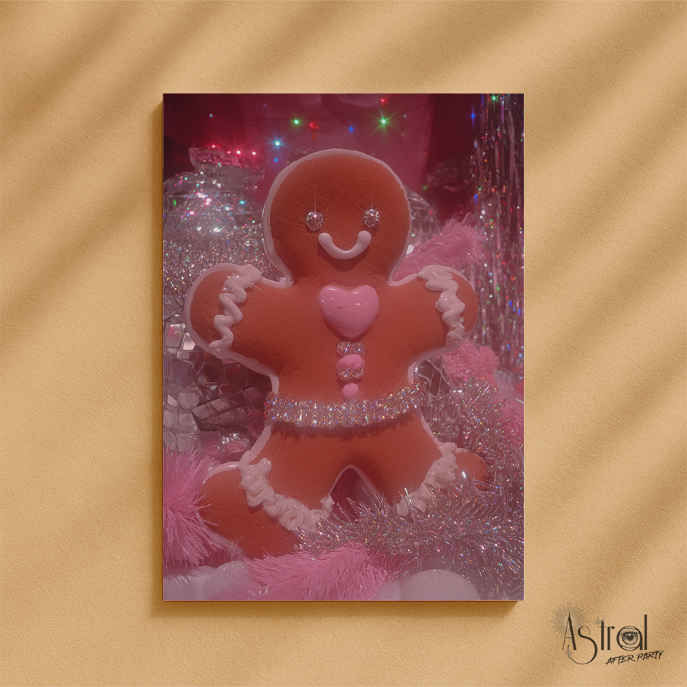 Retro Pink Gingerbread Man Christmas Card 2