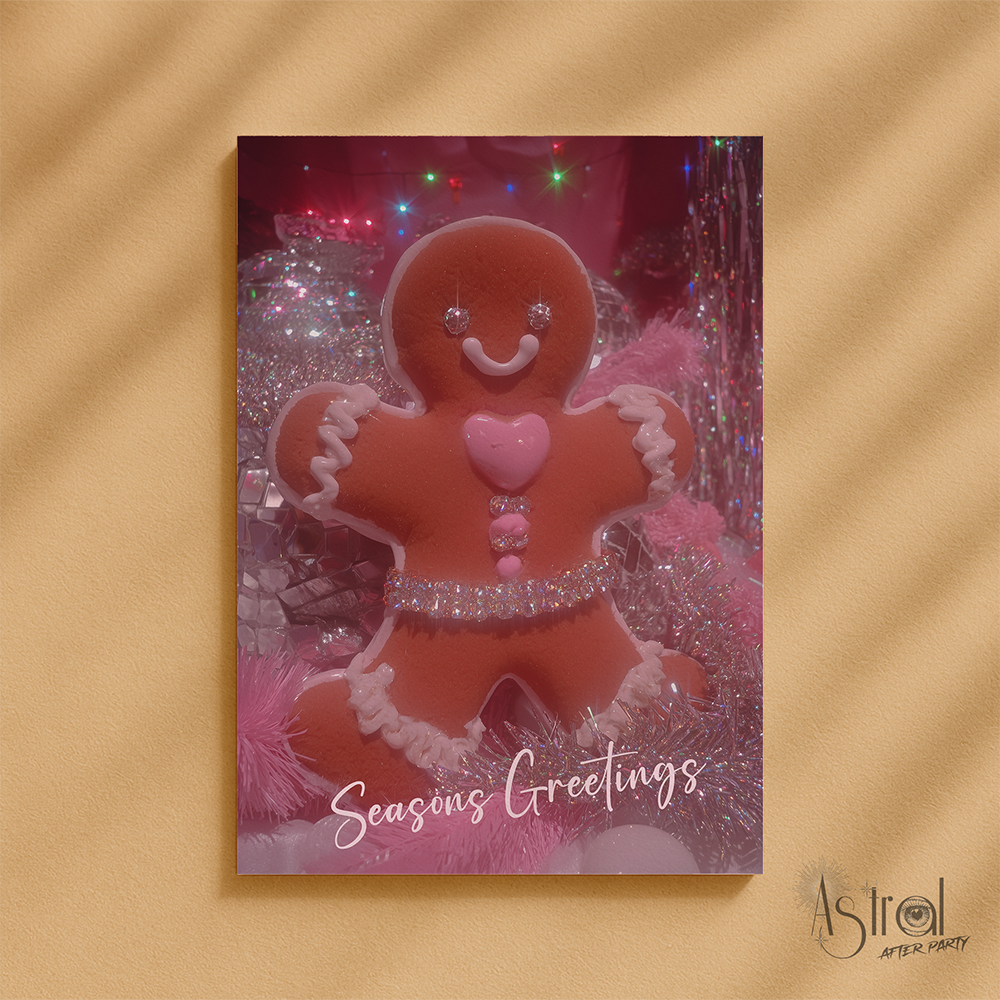 Retro Pink Gingerbread Man Christmas Card 2