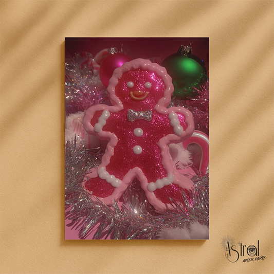 Retro Pink Gingerbread Man Christmas Card 3