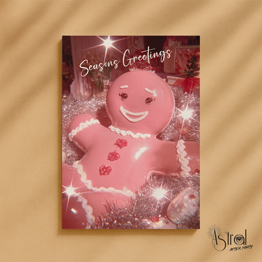 Retro Pink Gingerbread Man Christmas Card 7