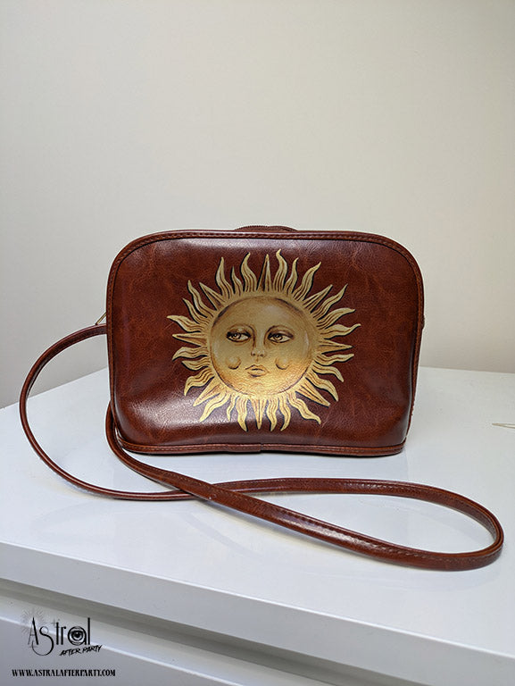 Hand-Painted Faux Leather Bag: Golden Sun Art, Boho Reversible Purse